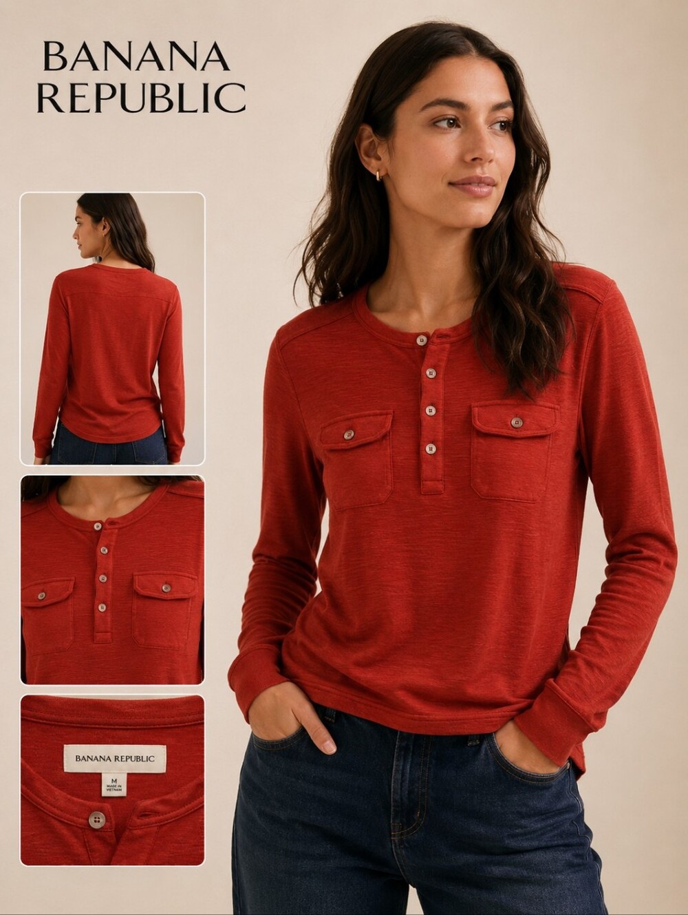 Banana Republic Fall Top Henley Casual Chic Long Sleeve Rust Orange Size Small